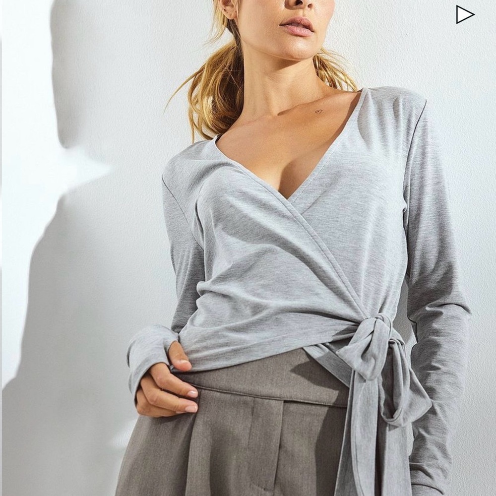 Light Gray Wrap Tie Long Sleeve Top Medium